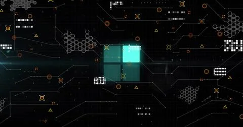 Pulsing teal 4-panel core lighting grid, linking orange nodes, yellow triangles, Stock Illustration