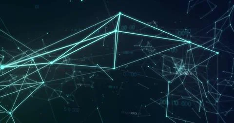 Pulsing teal network forming triangular mesh in virtual network, with connecting Stock Photos