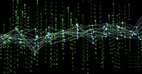 Pulsing teal node network flowing through cyberspace, with connecting lines and イラスト素材
