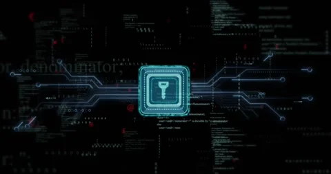 Pulsing teal square chip sending signals via funnel icon across dark HUD, Stock Footage 331126093