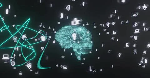 Pulsing teal wireframe brain glowing in virtual space, showing floating icons, Stock Photos