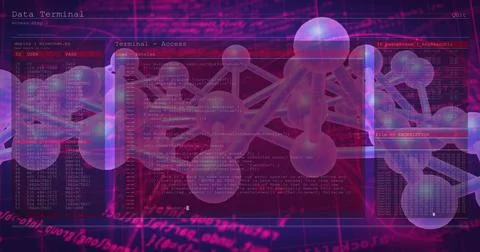 Pulsing translucent 3D molecular network model floating within virtual Illustrazione stock