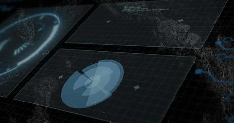 Pulsing translucent blue radar graphic rotating on tilted grid panels, with Illustrazione stock