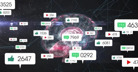 Pulsing translucent brain wireframe glowing in dark starfield, showing blue Stock Photos