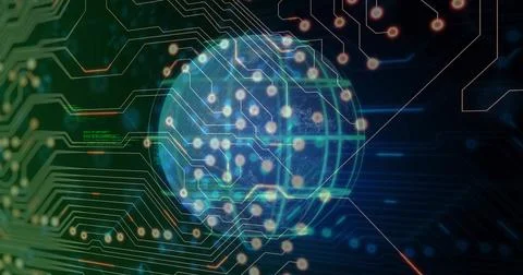 Pulsing translucent globe showing grid and circuit traces in virtual interfac Stock Illustration