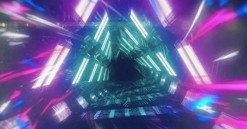 Pulsing triangular tunnel receding into dark vanishing point at sci-fi corridor, Stock Photos