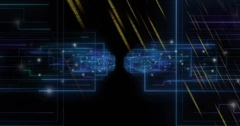 Pulsing two mirrored data clusters forming neon blue frames in virtual space, Foto stock