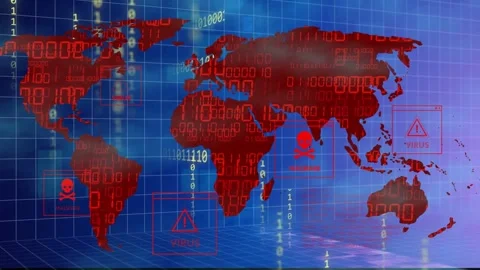 Pulsing virus icons starting falling binary streams over red world map, Stock Footage 334351849