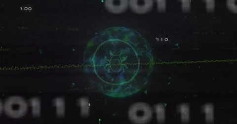 Pulsing waveform sweeping traces sliding amid binary digits forming ring around Stock Footage 327128695