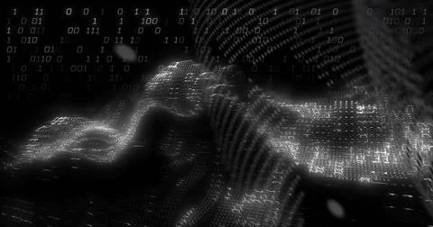 Pulsing wavy data surface rising and falling in digital landscape, with binary Stock Illustration