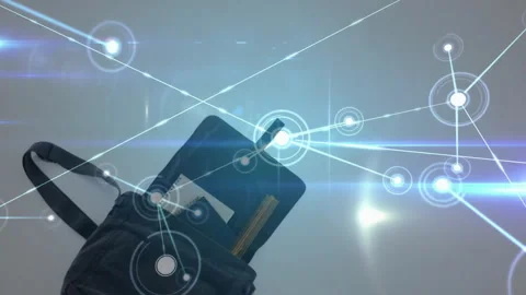 Pulsing white node driving network expansion while backpack rising amid glowing Stock Footage 312280440