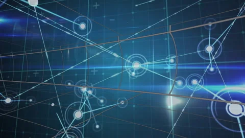 Pulsing white orb sparking node links via light beams over 3D grid visualizing Video stock 312098741