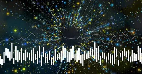 Pulsing white vertical-bar audio waveform across dark field, with radial burst Stock Illustration
