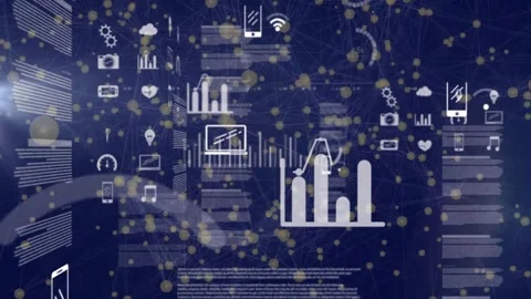 Pulsing Wi-Fi symbol starting bar chart scaling and moving while icons sliding Stock Footage 328366183