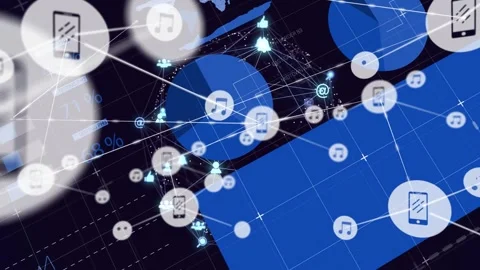 Pulsing wireframe globe drawing white icon bubbles toward center, visualizing Stock Footage 332625429