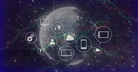 Pulsing wireframe globe sending links in cosmos after data pulses, showing イラスト素材
