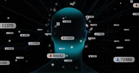 Pulsing wireframe human head emitting radial lines in virtual network, with Stock Illustration