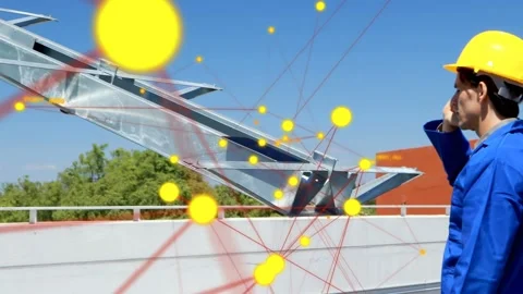 Pulsing yellow nodes red lines overlay urging solar tech gripping bracket Stock Footage 333950543