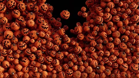 Pumkins fill the background with jack-o-lanterns, festive and spooky Stock Footage 345263842