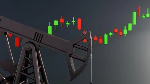 Pump Jack and Barrels with green and Red Candlestick graph Stock Illustration