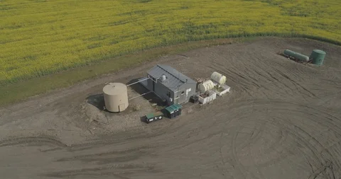 Pump jack in oil patch in field of yellow canola. Stock Footage 128461362