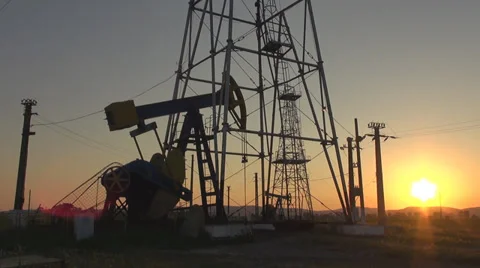 Pump oil donkey extract sunset sun sunrise silhouette petroleum industry fossil Stock Footage 32929560