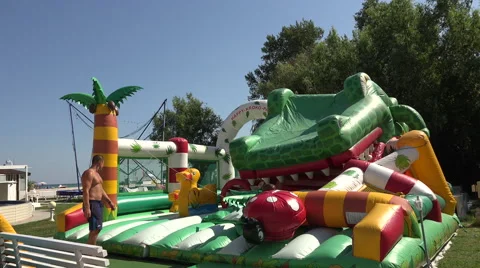 Pumping air inflatable trampoline. 4K. Stock Footage 40738912