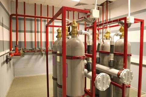 Pumping fire at the facility, the oil base. Industrial fire exti Stock Photos