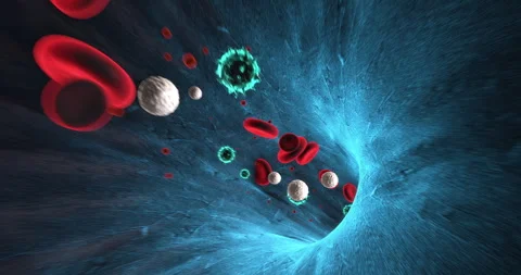 Pumping heart inside chest x-ray then camera zoom into vein with viruses. Stock Footage 320424580