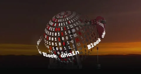 Pumpjack arm pumping data from rotating globe after attachment, camera orbiting Stock Footage 317600053