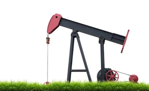 Pumpjack with green grass isolated Foto stock