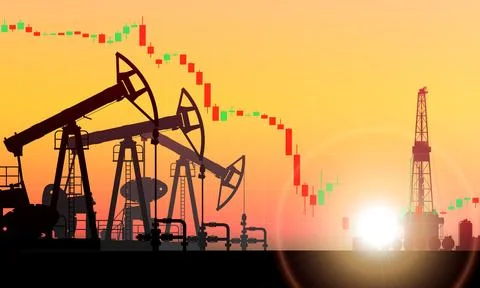 Pumpjack on oil price chart. Falling price. Drilling rig, derrick, pump jack Stock Illustration