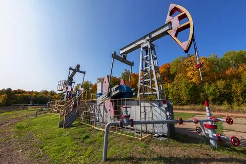 A pumpjack is the overground drive Stock Photos