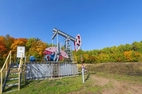 A pumpjack is the overground drive Stock Photos