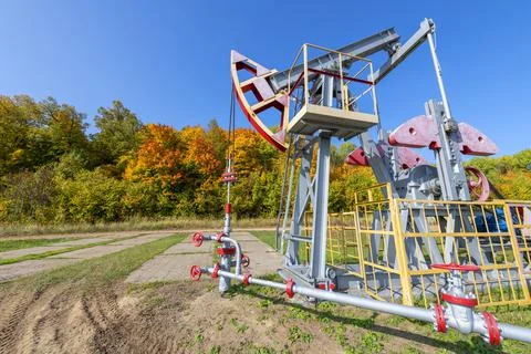 A pumpjack is the overground drive Stock Photos