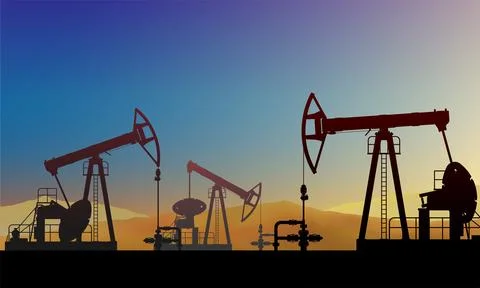 Pumpjack, pump jack pumps oil. Background colorful sunset sky. Oil production Stock Illustration