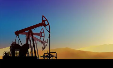 Pumpjack, pump jack pumps oil. Background sunset sky. Crude oil production Stock Illustration