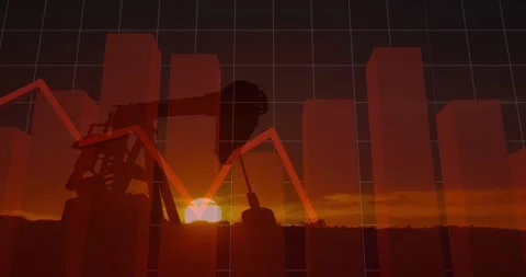 Pumpjack remaining static, sun dipping starting bars rising red line oscillating Stock Footage 329533713