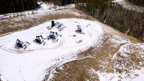 Pumpjacks in Pine: Aerial View of Oil Extraction in Forest Stock Footage 270688718