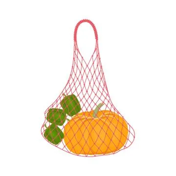 Pumpkin and bell peppers in a string bag Stock Illustration