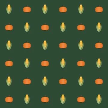 Pumpkin and corn cob seamless pattern on dark green background, flat design fall Stock Illustration