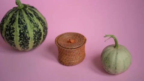 Pumpkin and diy pine needle box real time yellow leaves falling Video stock 142512832