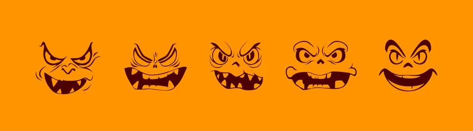 Pumpkin and ghost face set. Halloween funny and scary cartoon faces illustr.. Stock Illustration