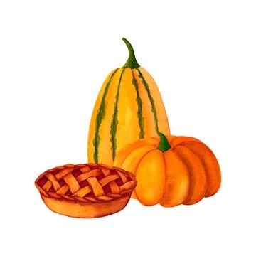 A pumpkin and pie with a thick crust, stuffed with apples, berries or pumpk.. Illustrazione stock