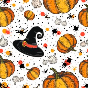 Pumpkin and witch hat and garlic seamless pattern, abstract repeated backgrou Stock Illustration