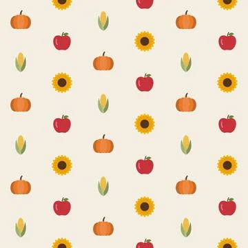 Pumpkin, apple, corn cob and sunflower seamless pattern on cream background, Stock Illustration