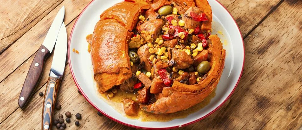 Pumpkin baked with beef Stock Photos