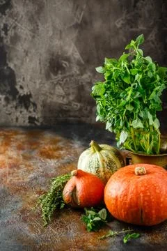 Pumpkin, basil and thyme on a rusty background Stock Photos