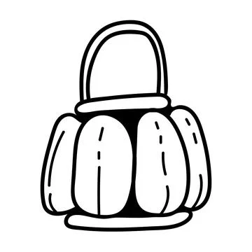 A pumpkin basket with a handle for sweets. Doodle line art. Hand drawing vect Stock Illustration