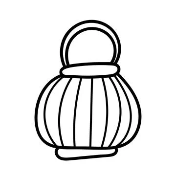 A pumpkin basket with a handle for sweets. Doodle line art. Hand drawing vect Stock Illustration